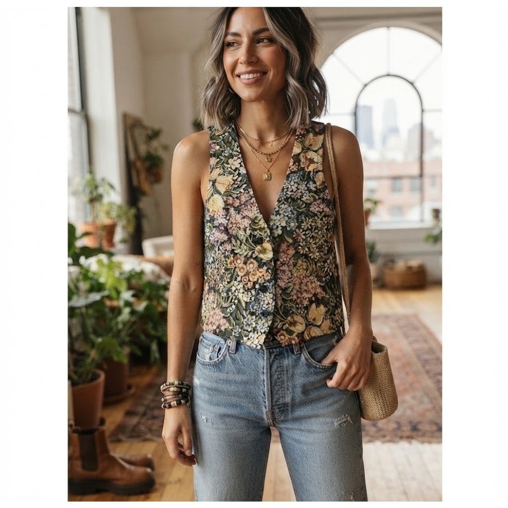 Vtg 90s You Babes Womens Green Garden Floral Tapestry Vest S Lined Button Formal